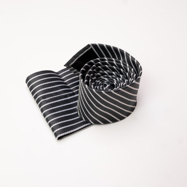 Charcoal & White Striped Tie with Pocket Square
