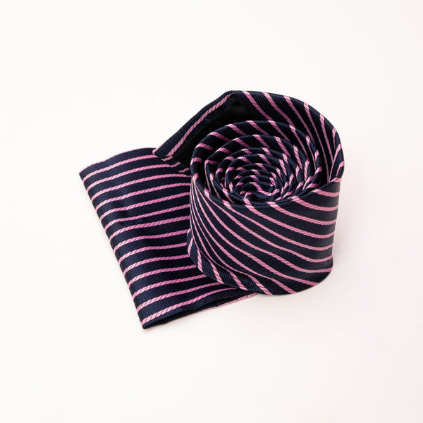 Pink & Navy Striped Tie with Pocket Square
